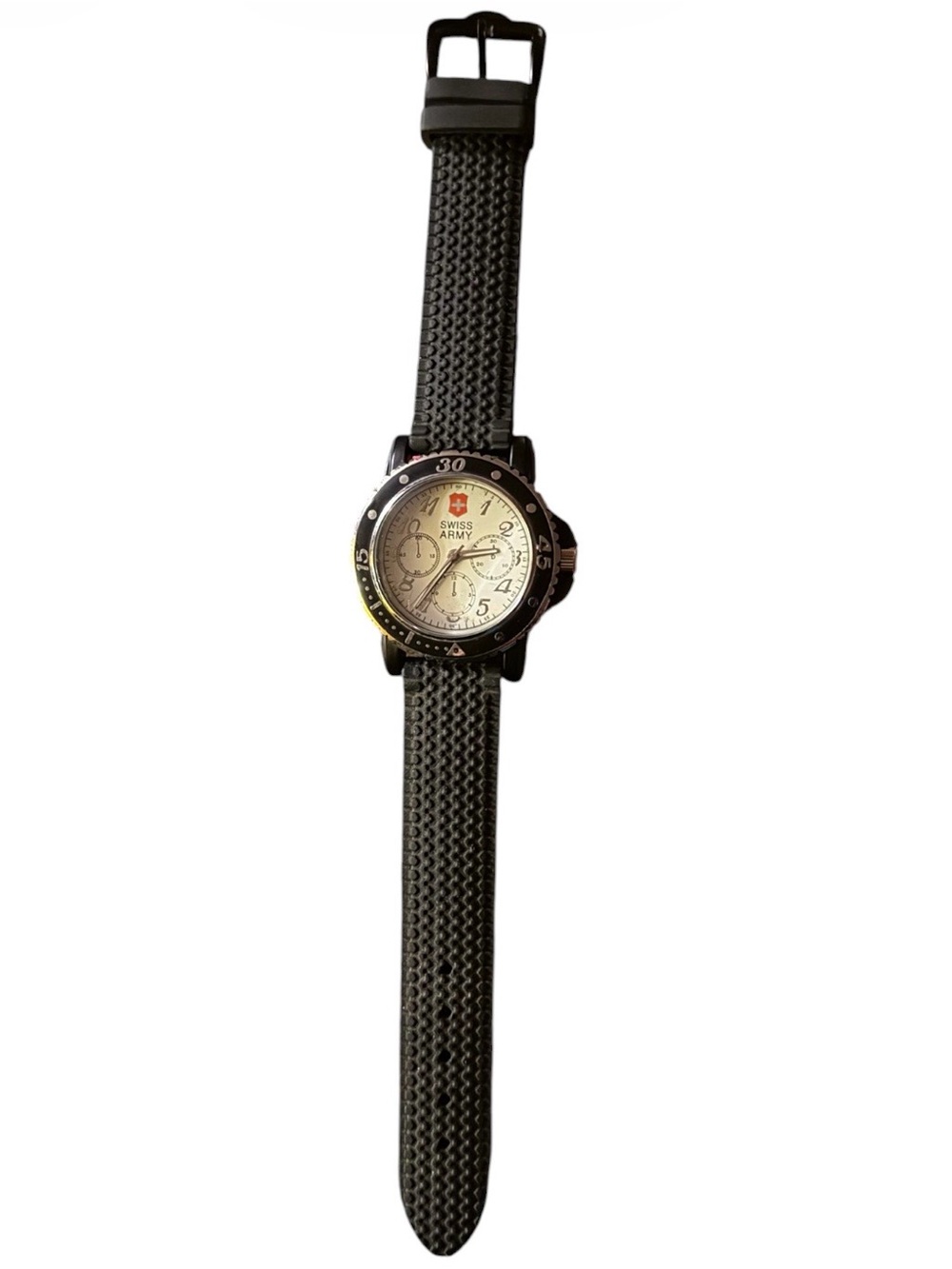 Vintage Quartz Swiss Army Water Resistant Watch w 24 Hour Dial & Rubber Strap
